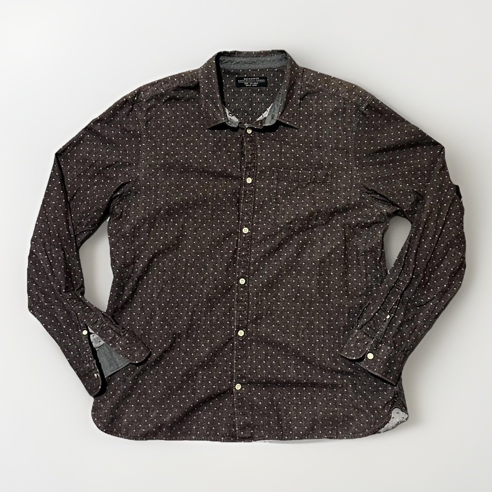 AllSaints Danko Brown Dotted Flannel Button Up Shirt Size 2XL Men's Long Sleeves